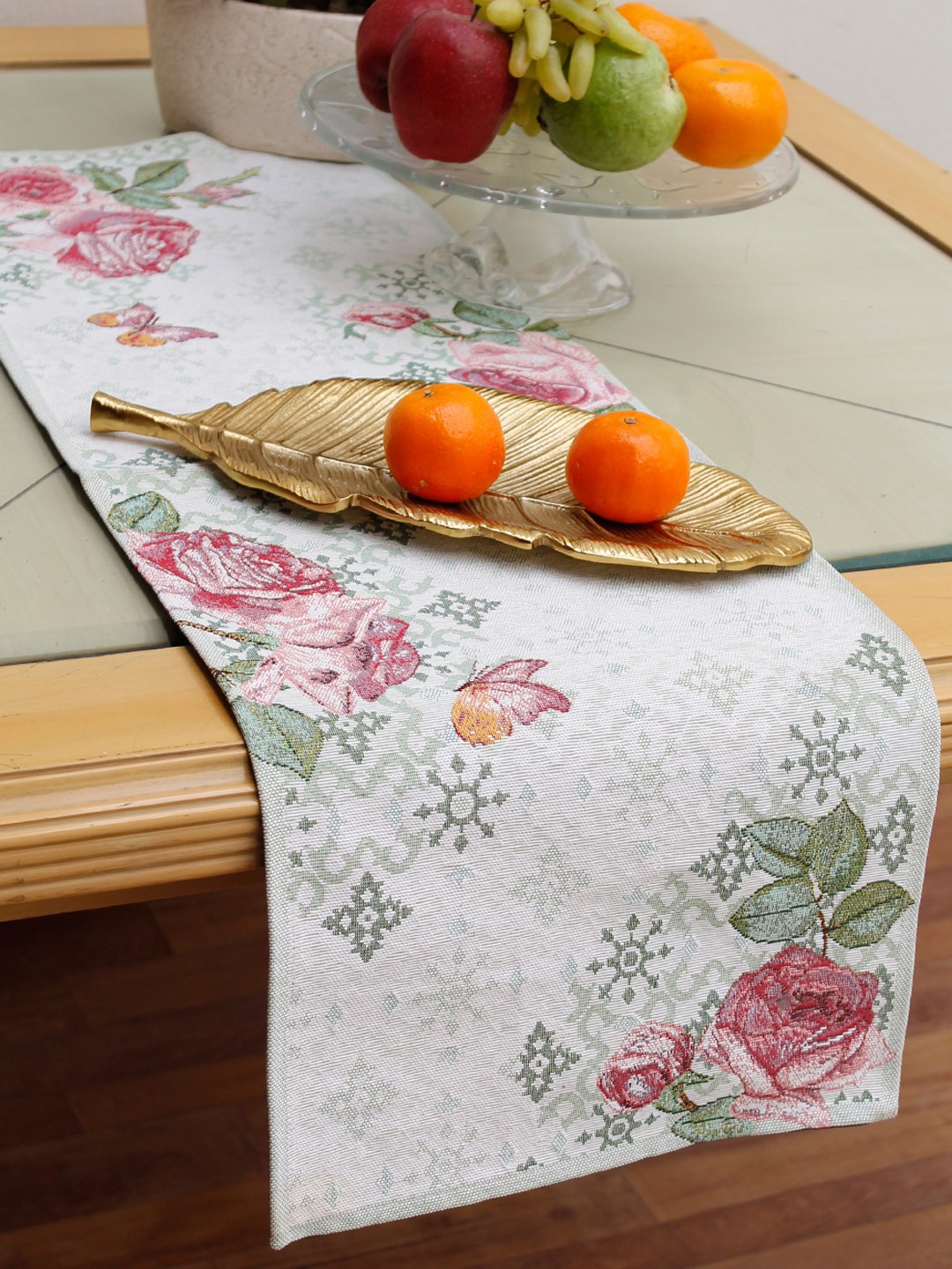

AVI Living Off-White & Green Floral Jaquard Woven Table Runner