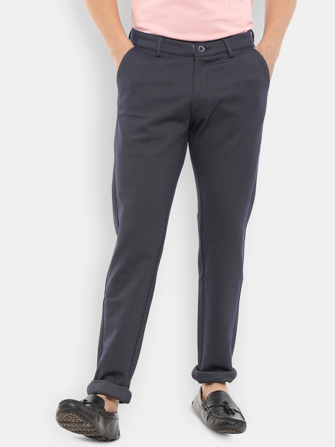 

V-Mart Men Navy Blue & White Self Design Classic Slim Fit Easy Wash Chinos Trousers