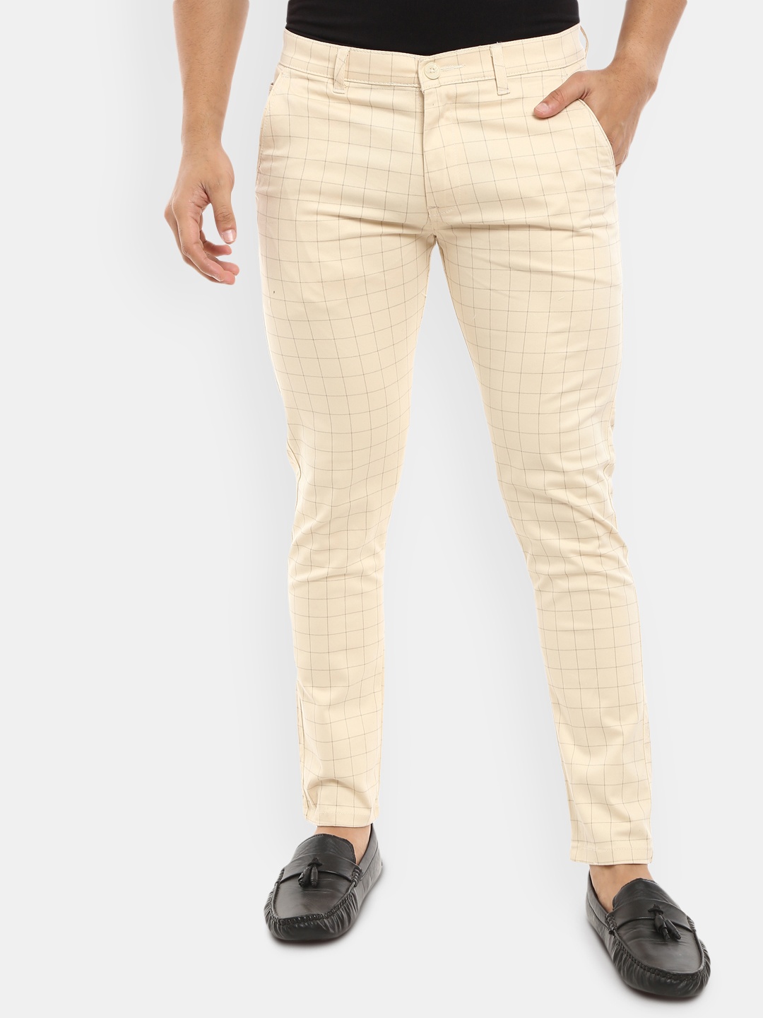 

V-Mart Men Cream-Coloured & Grey Checked Classic Easy Wash Chinos Trousers