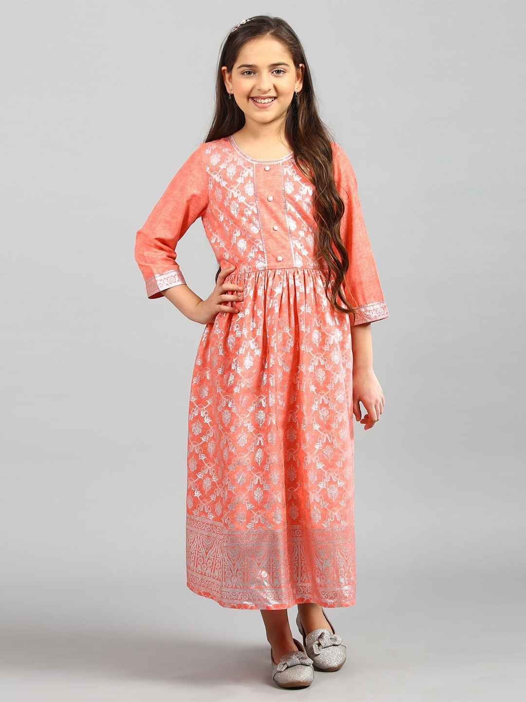 

AURELIA Peach-Coloured Ethnic Motifs Printed Dress