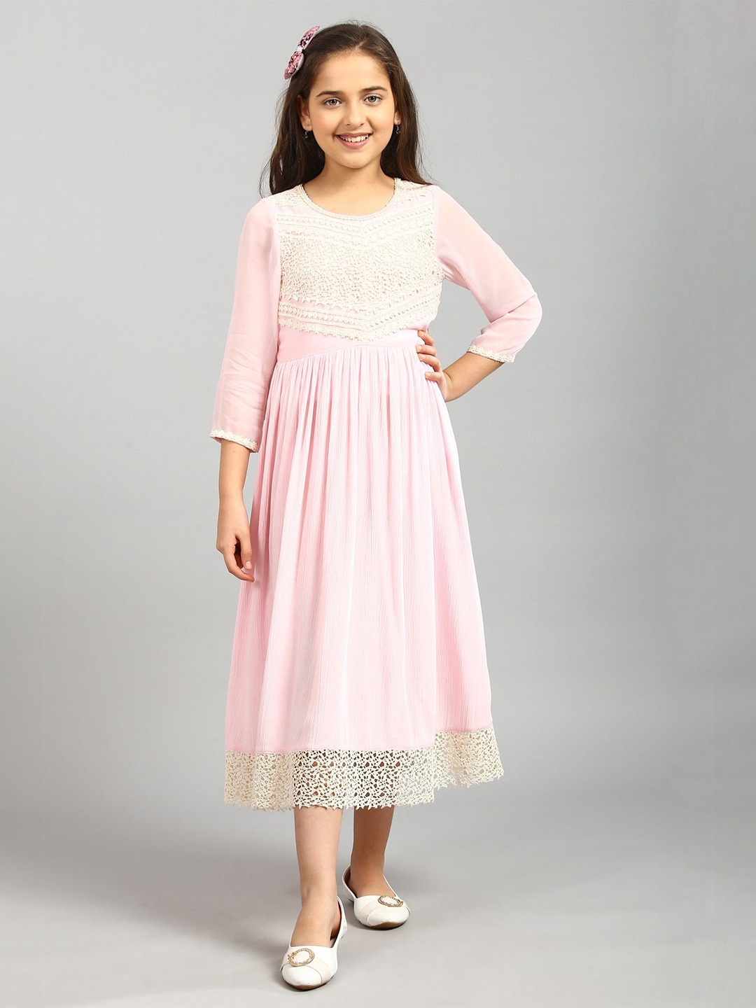 

AURELIA Girls Pink & Off White Self Design Round Neck Fit & Flare Dress