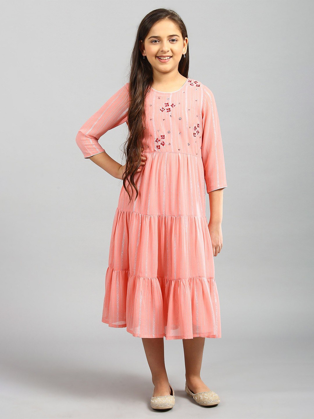 

AURELIA Girls Pink & White Ethnic Motifs Round Neck A-Line Dress