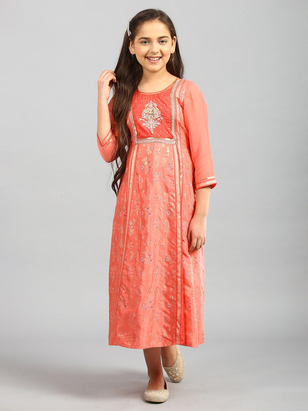 

AURELIA Girls Peach Ethnic Motifs Embroidered Maxi Dress