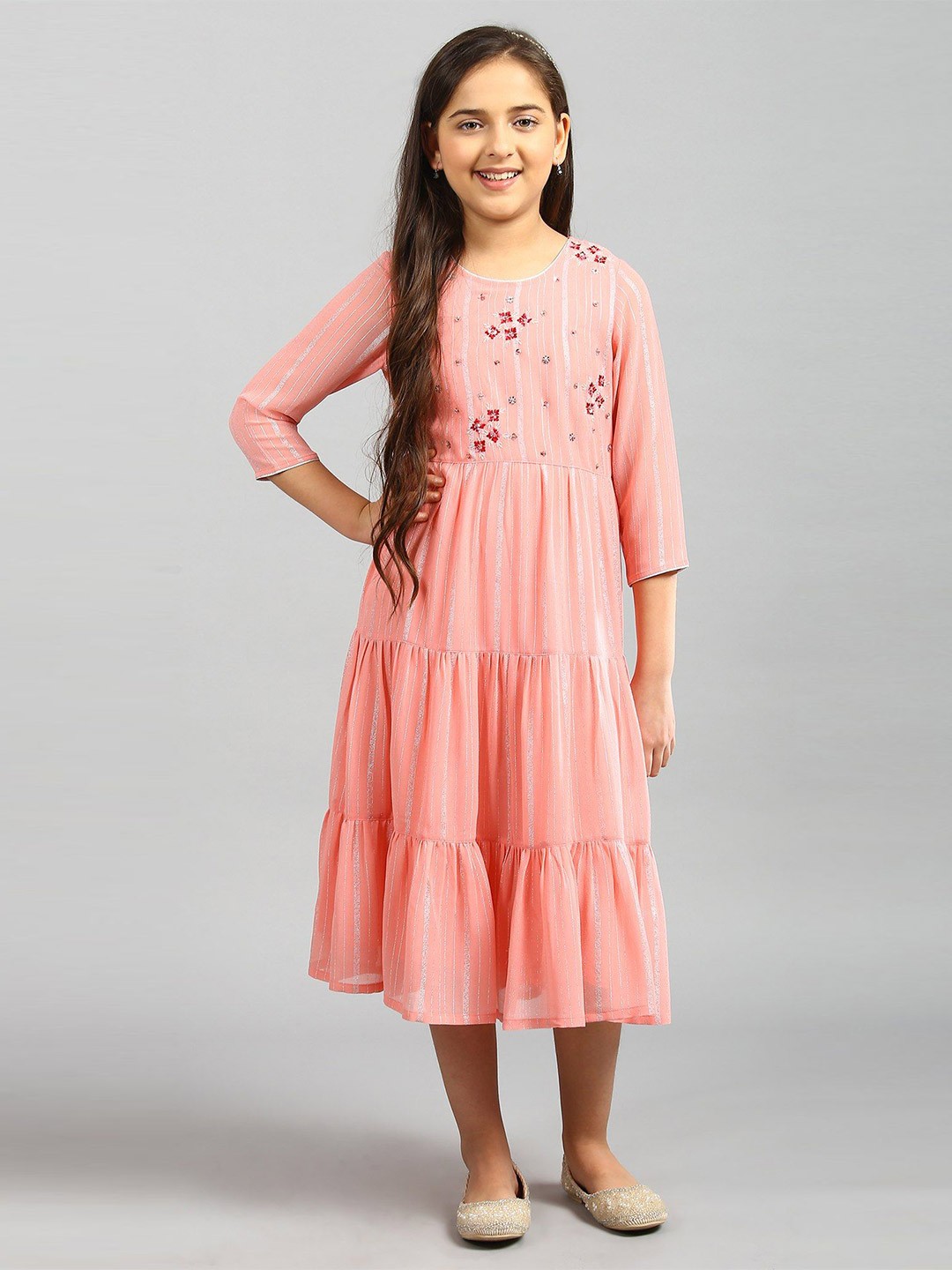 

AURELIA Girls Peach Embroidered Ethnic Dress, Pink