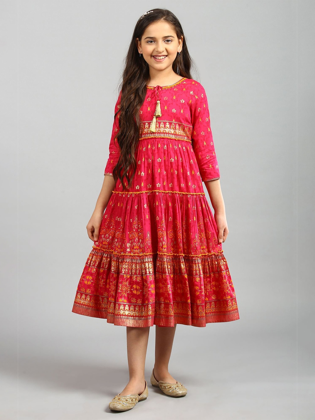 

AURELIA Pink Ethnic Motifs Tie-Up Neck Ethnic A-Line Midi Dress