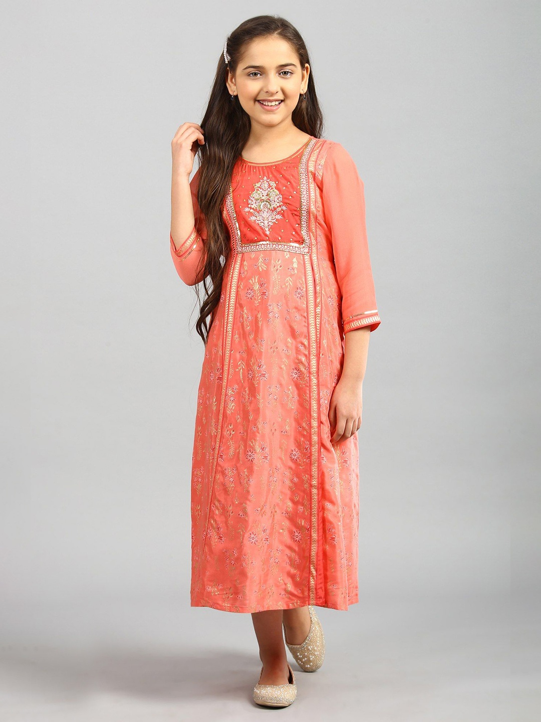 

AURELIA Girls Peach-Coloured & Gold-Toned Ethnic Motifs Round Neck Empire Dress