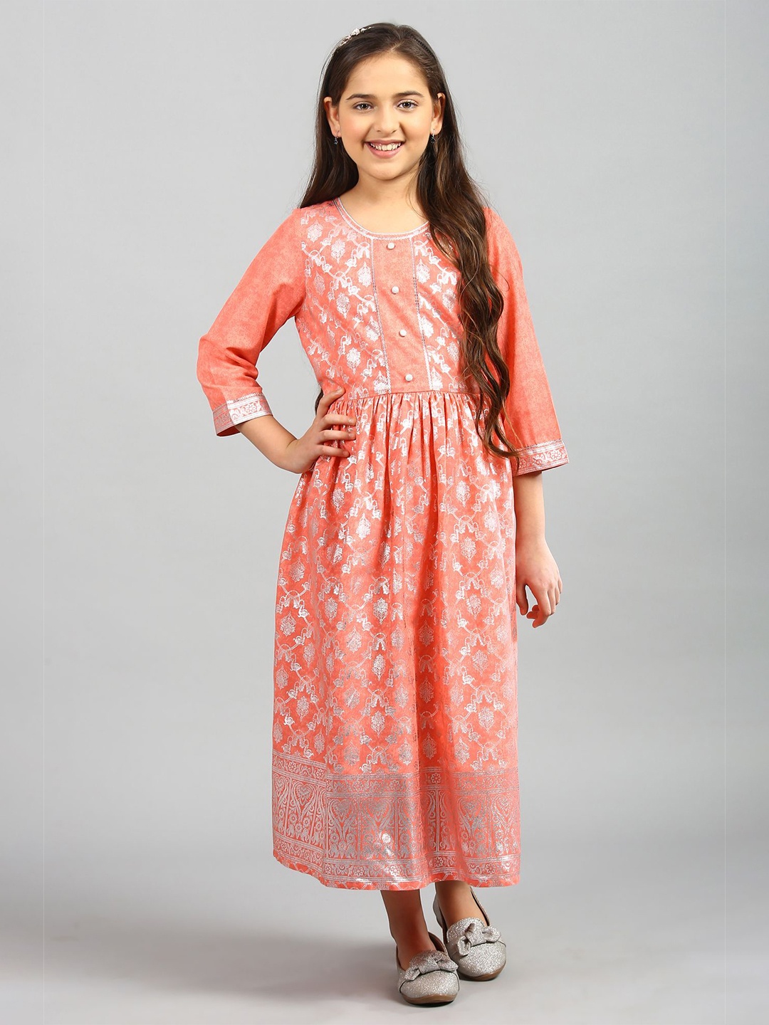 

AURELIA Peach-Coloured Printed Ethnic Maxi Dress