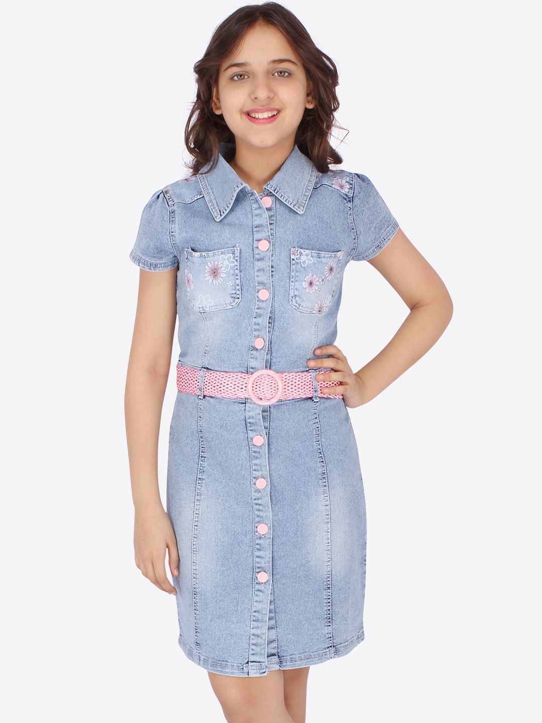 

CUTECUMBER Girls Blue Washed Denim Shirt Dress with Floral Print & Belt