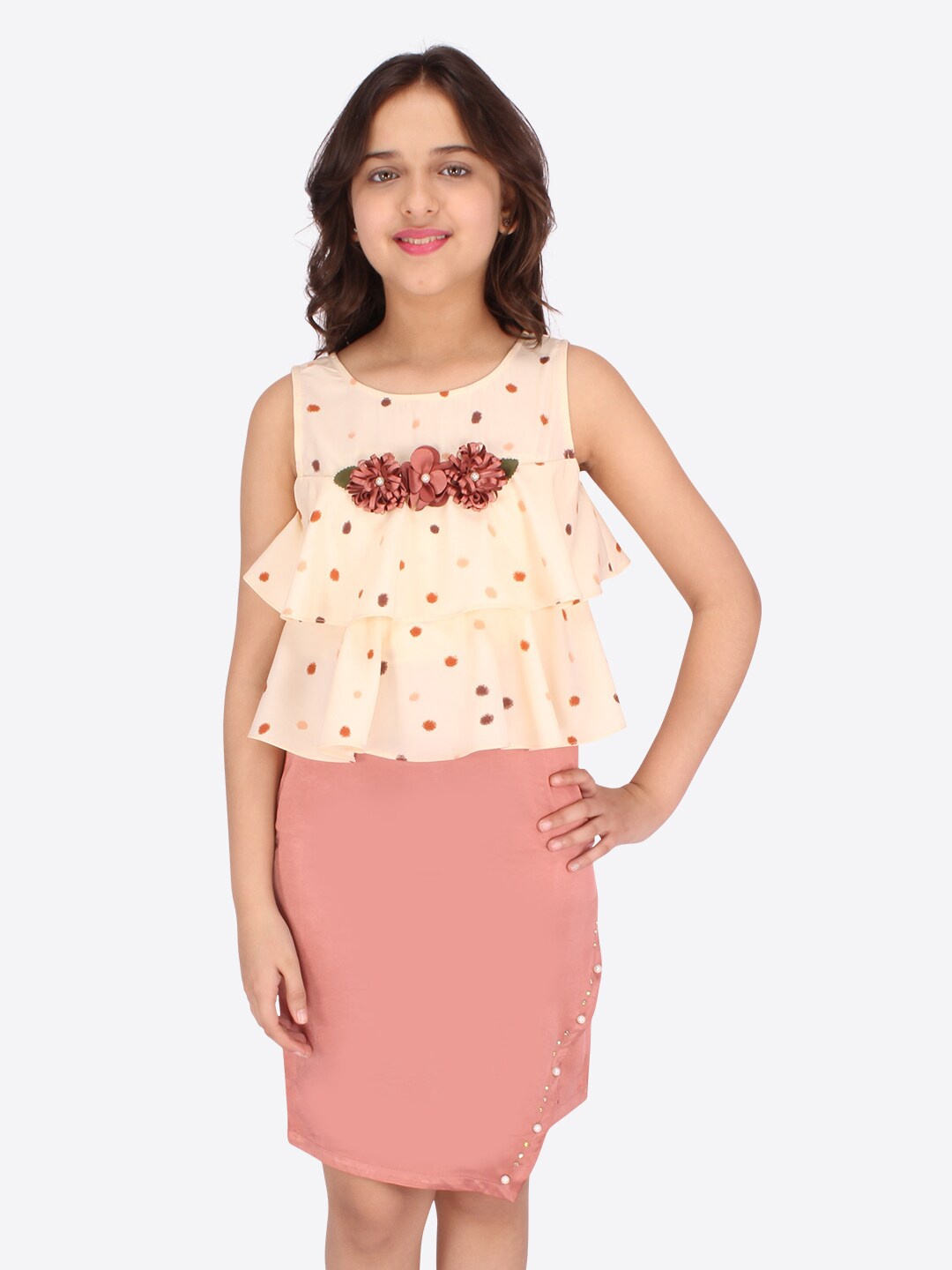 

CUTECUMBER Girls Off White & Peach-Coloured Polka Dot Printed Peplum Dress