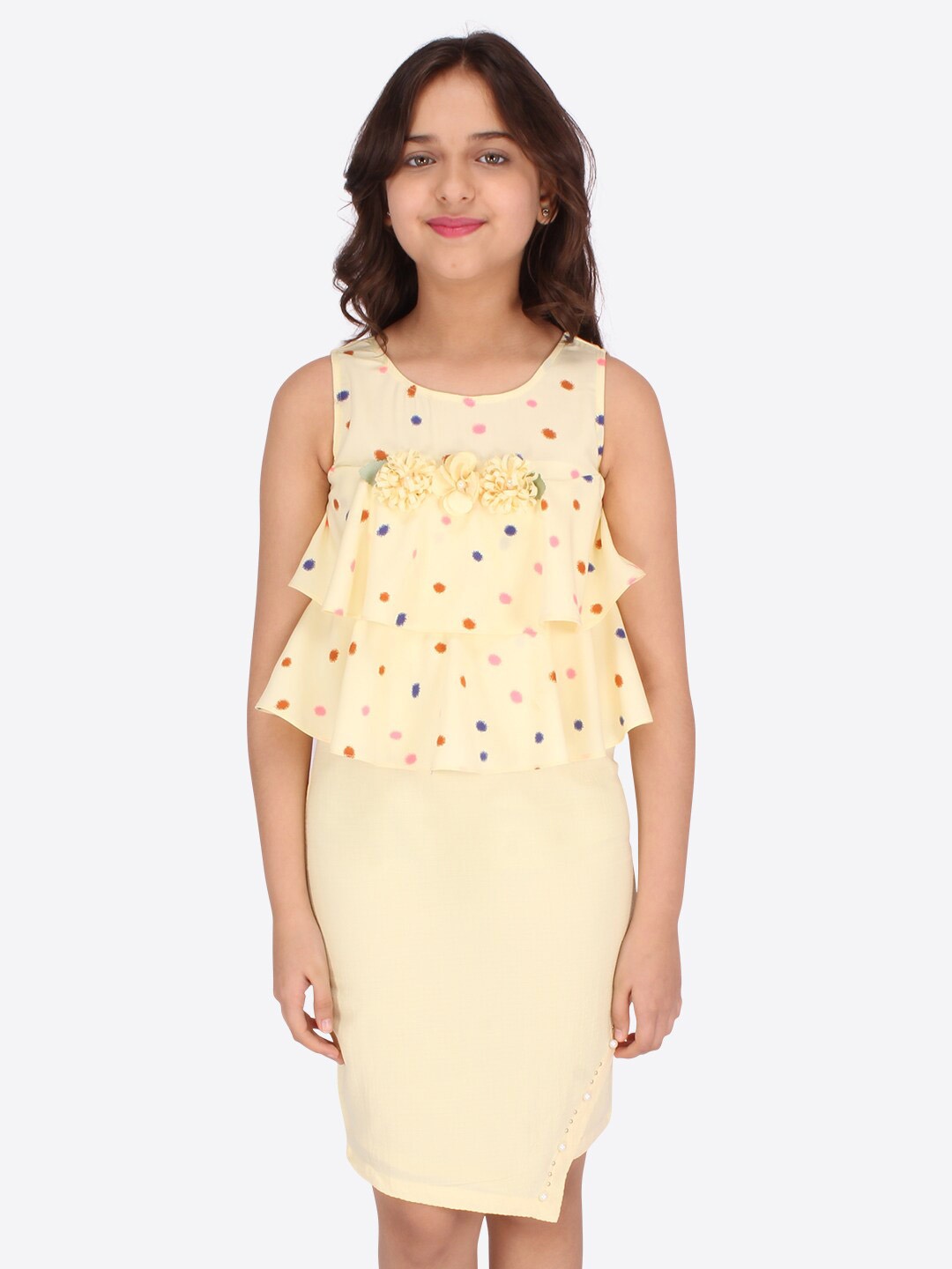 

CUTECUMBER Girls Yellow & Blue Polka Dot Print Applique Layered Side Slit Sheath Dress