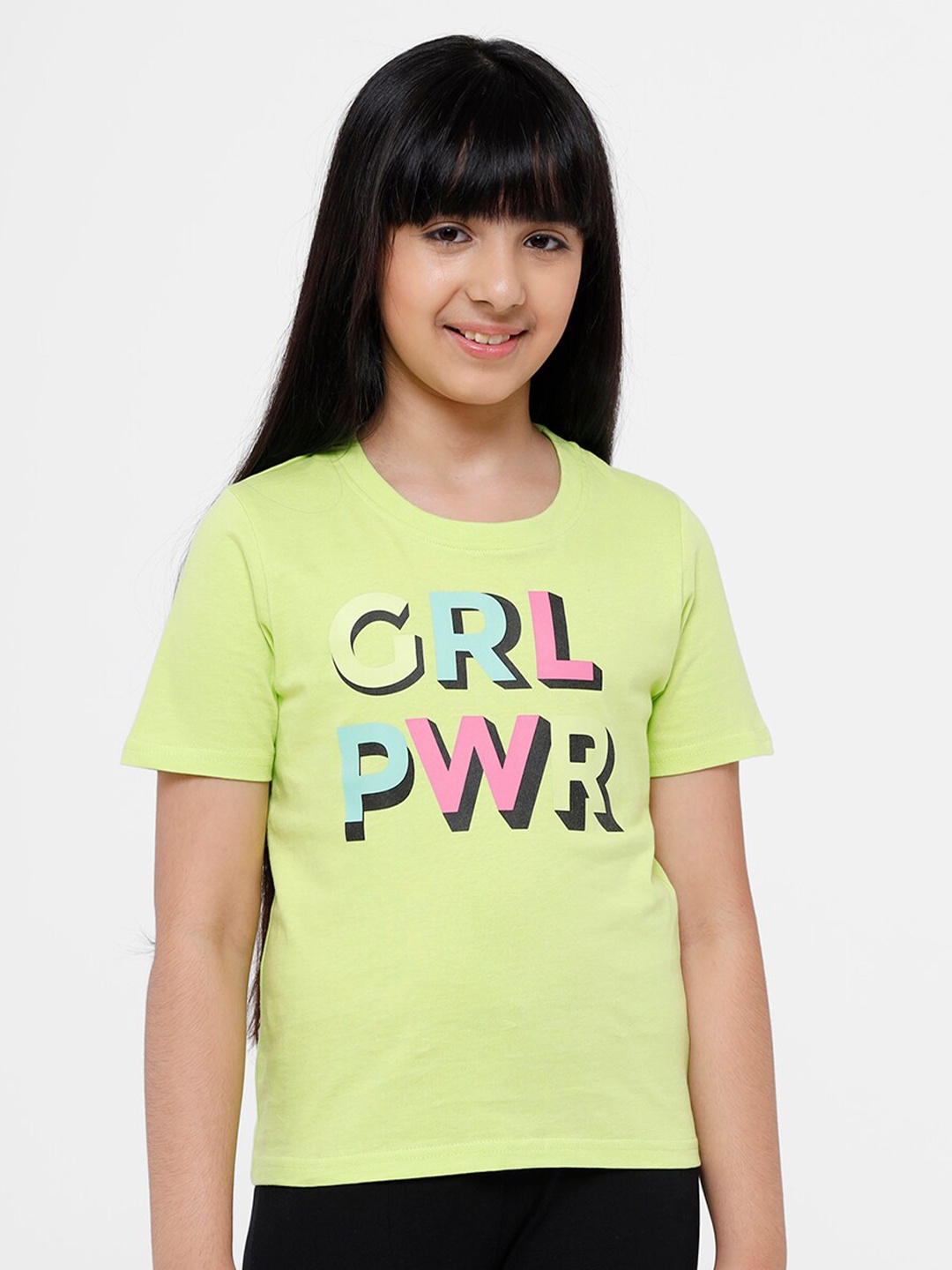

De Moza Girls Green & Pink Pure Cotton Typography Print T-shirt