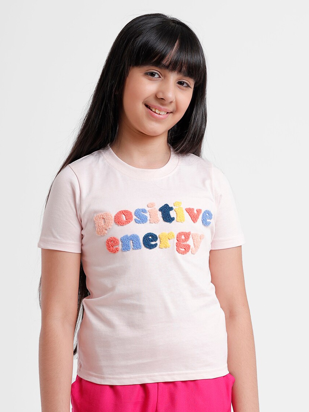 

De Moza Girls Pink Typography Pure Cotton Applique T-shirt