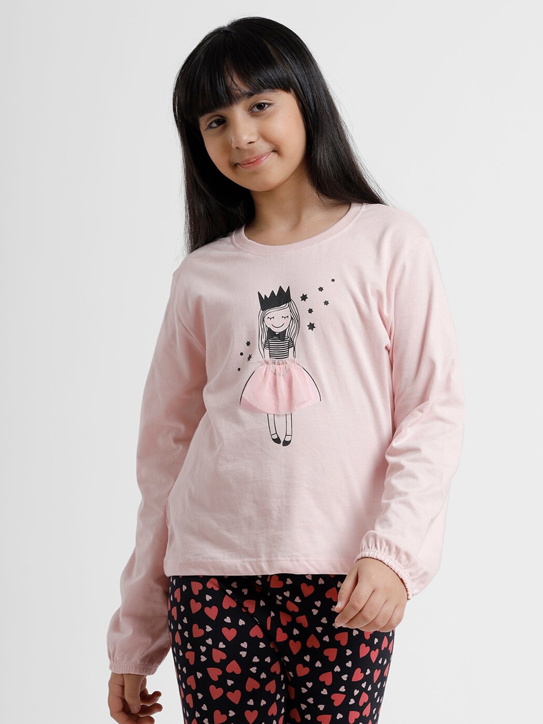 

De Moza Girls Pink & Black Pure Cotton Graphic Print Puff Sleeves T-shirt