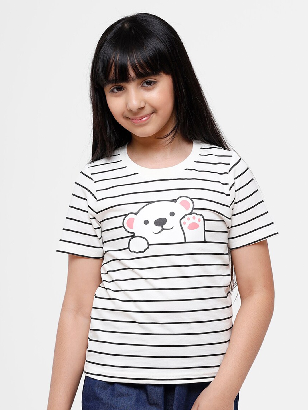 

De Moza Girls White & Black Striped Pure Cotton T-shirt