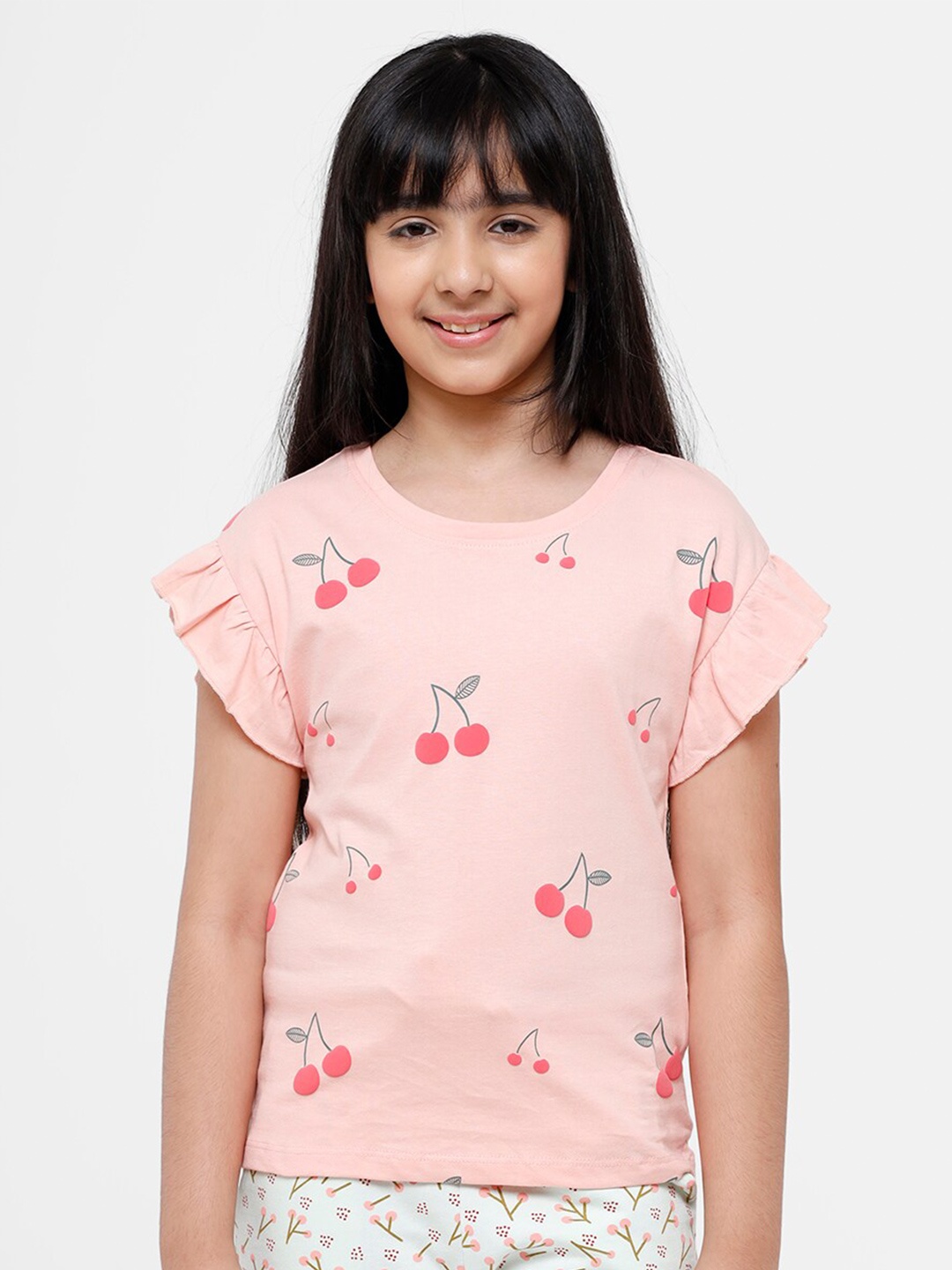 

De Moza Girls Peach-Coloured & Green Cherry Print Cotton Top