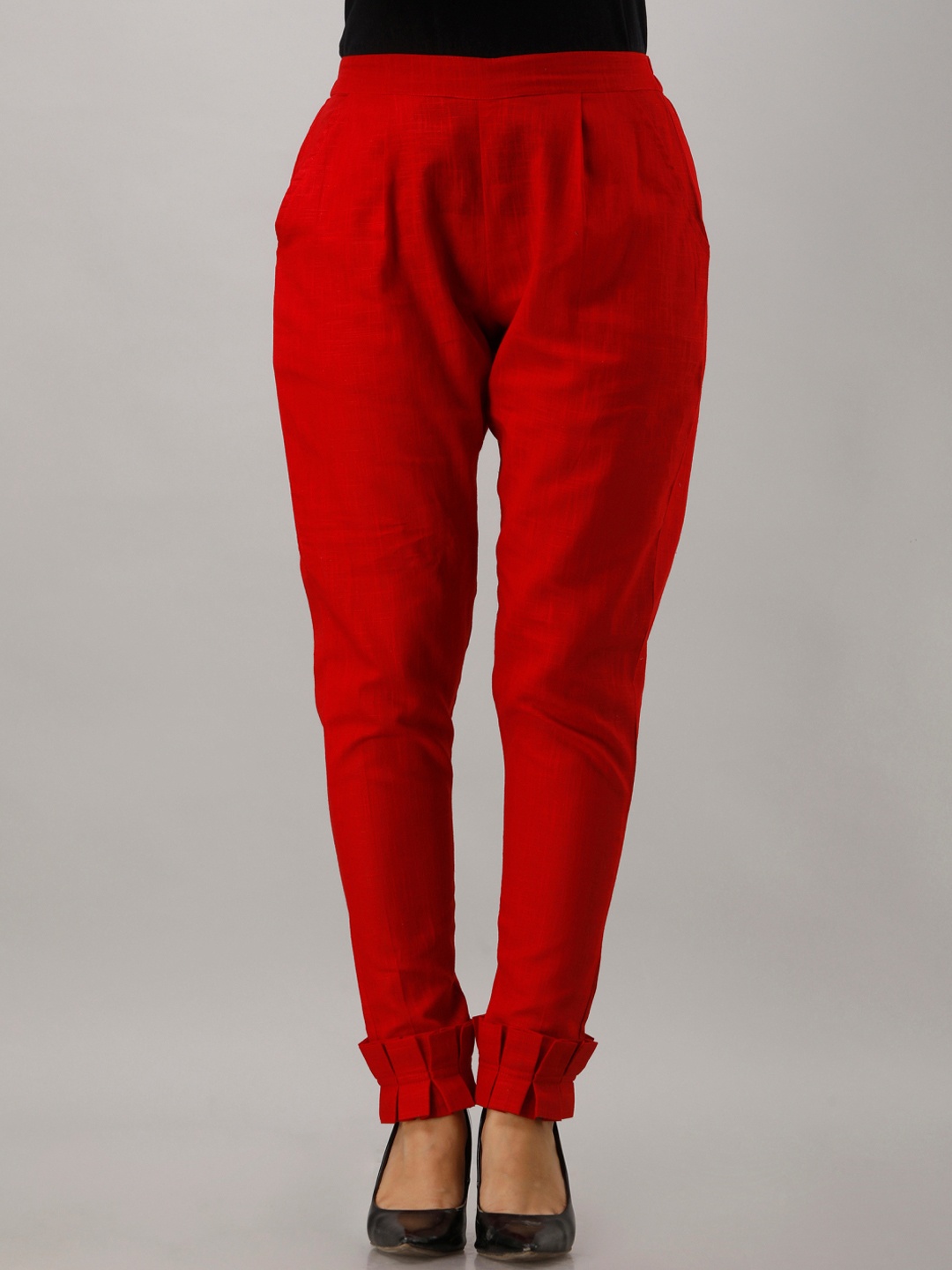 

Maishi Women Red Solid Pleated Hem Cotton Trousers