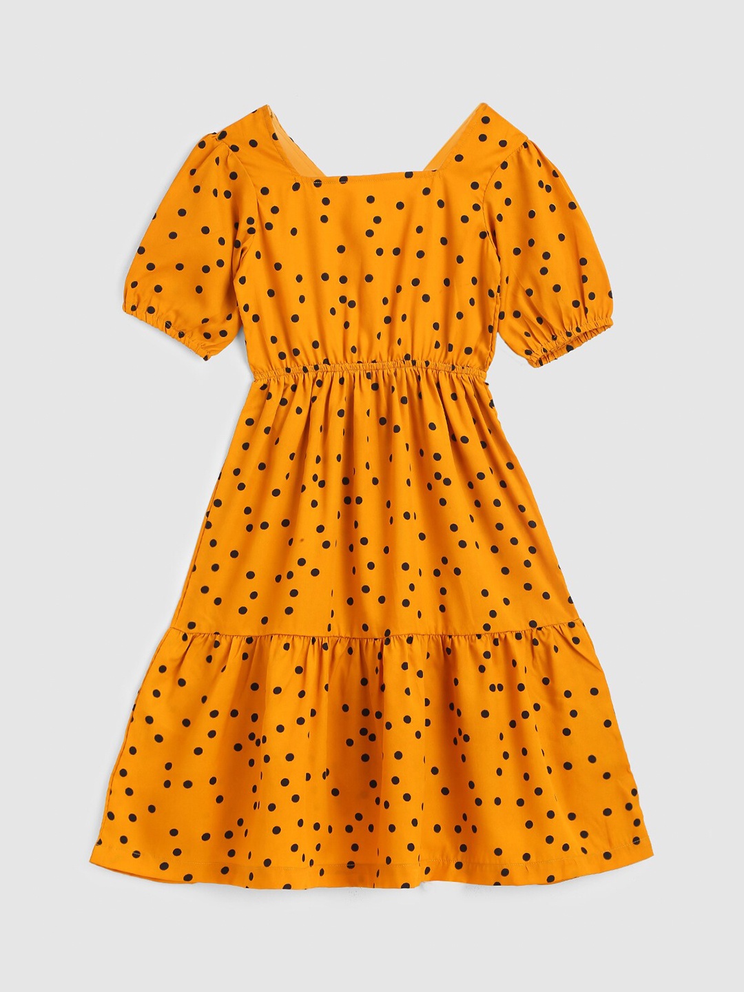 

YK Girls Yellow & Black Polka Dot Print Fit & Flare Tiered Dress