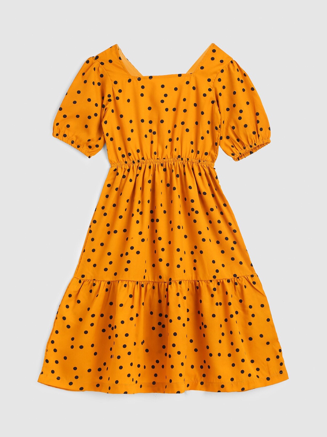 

YK Girls Mustard Yellow & Black Polka Dot Print Tiered Crepe Dress