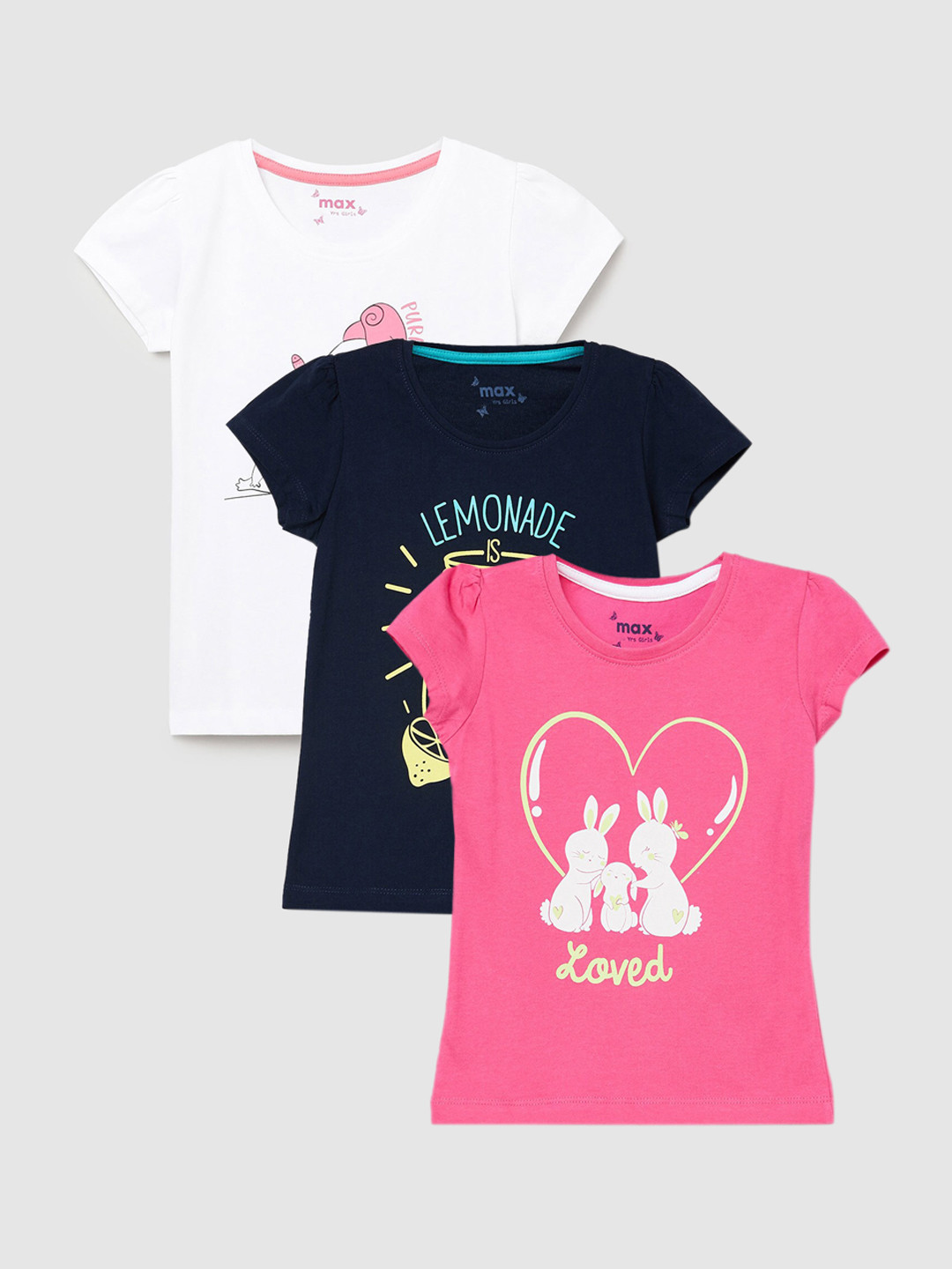 

max Girls Set of 3 Printed Regular Fit Pure Cotton T-shirts, White
