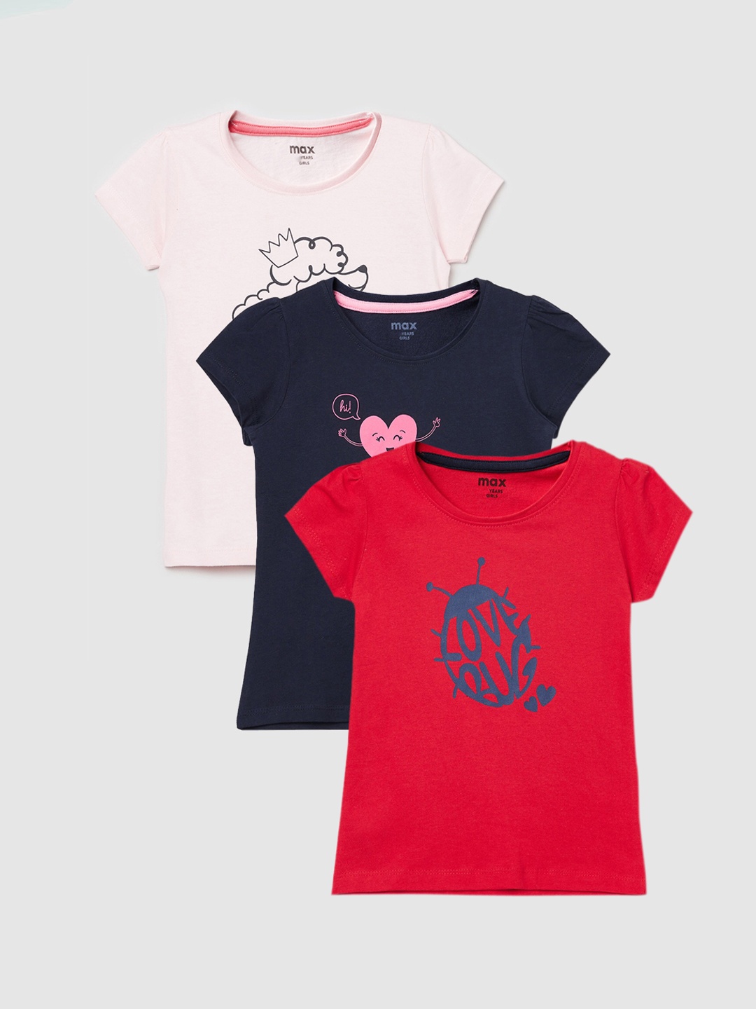 

max Girls Pack of 3 Printed Cotton T-shirts, Pink