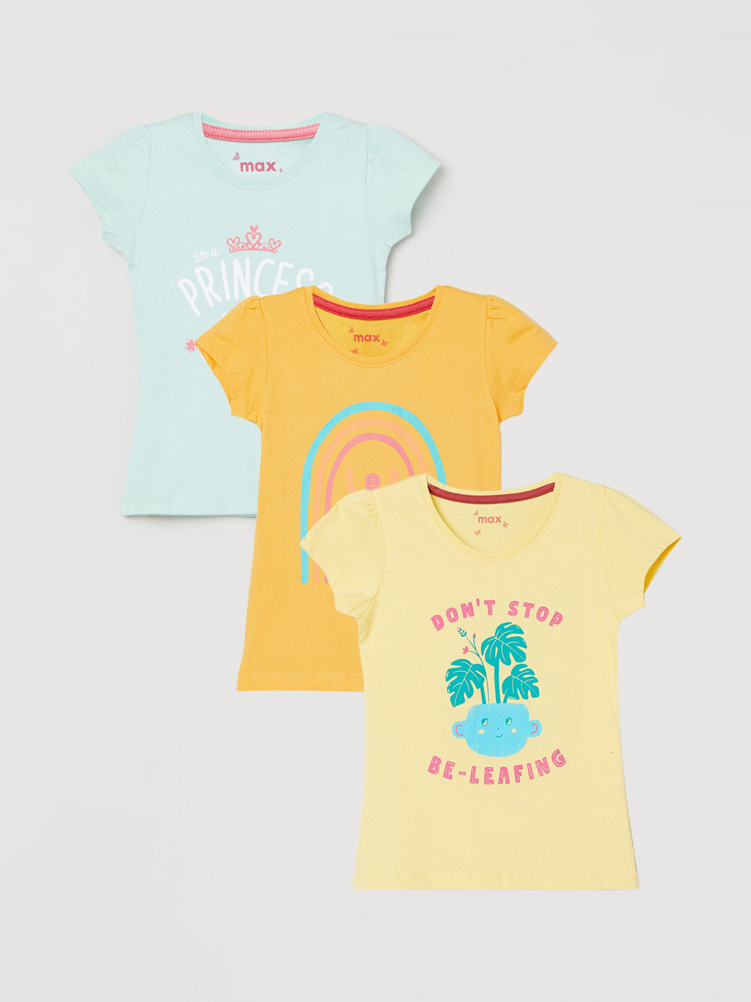 

max Girls Pack of 3 Pure Cotton T-shirts, Yellow