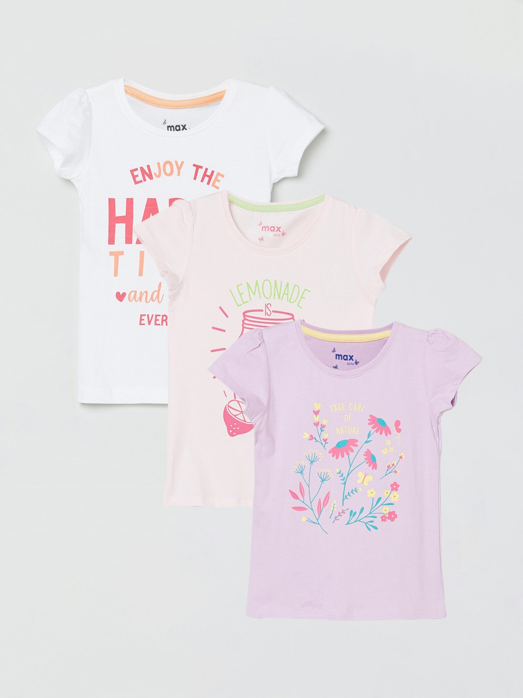 

max Girls Pack of 3 Printed Cotton T-shirts, Purple