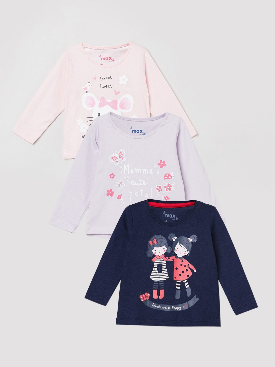 

max Girls Set of 3 Printed Regular Fit Pure Cotton T-shirts, Navy blue