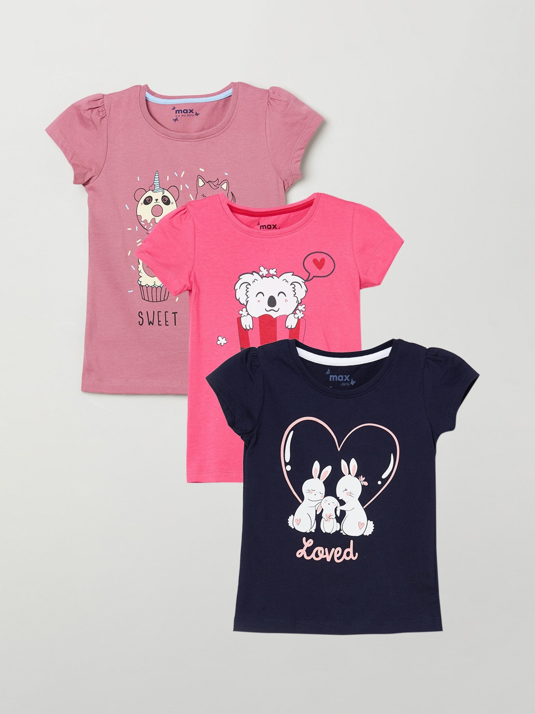

max Girls Printed Pack of 3 Cotton T-shirts, Navy blue