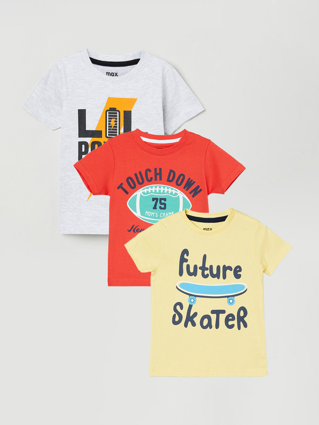 

max Boys Pack of 3 Printed Pure Cotton T-Shirts, Yellow