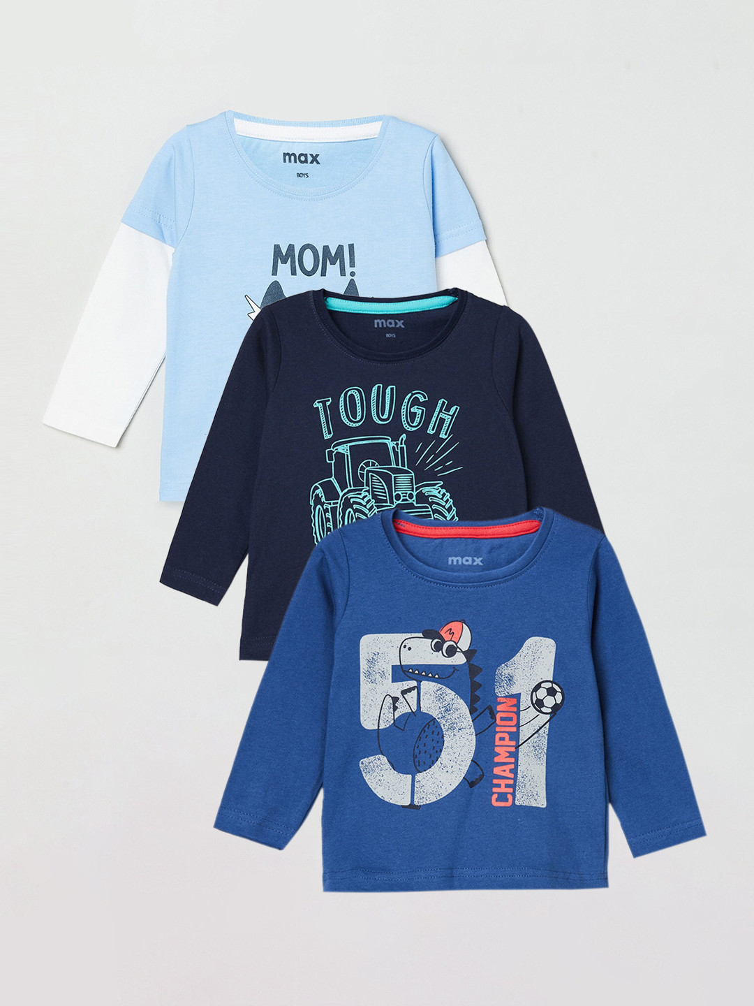 

max Boys Pack Of 3 Printed Regular-Fit Pure Cotton T-Shirts, Blue