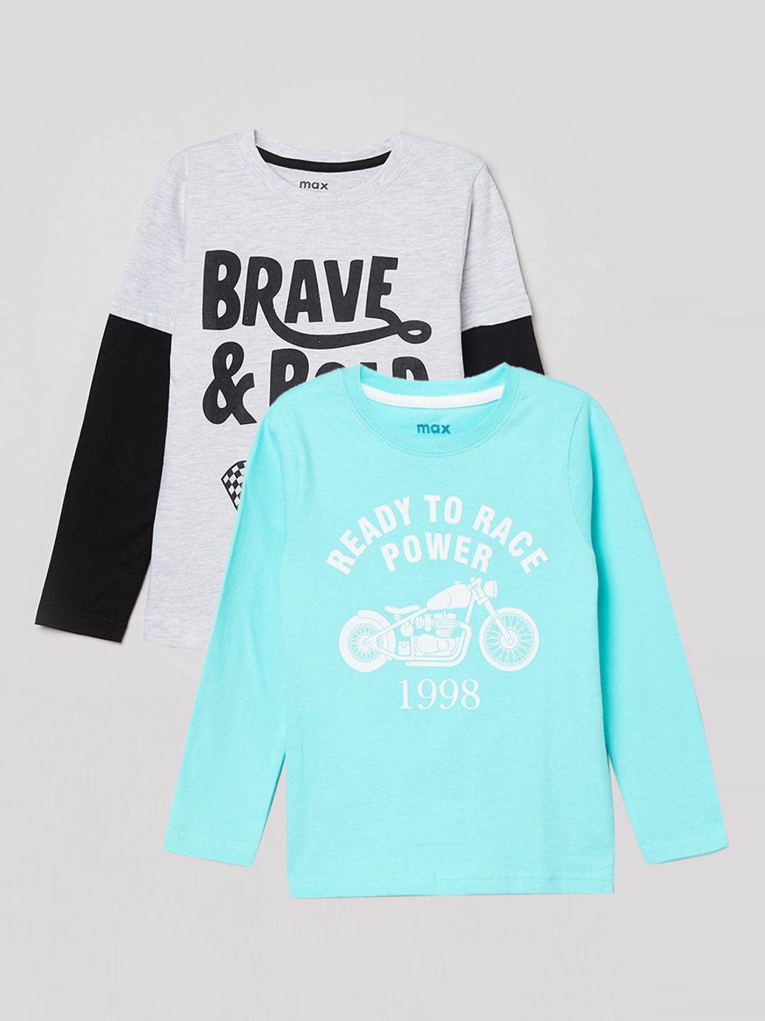 

max Boys Grey Pack of 2 Typography Colourblocked T-shirt, Grey melange