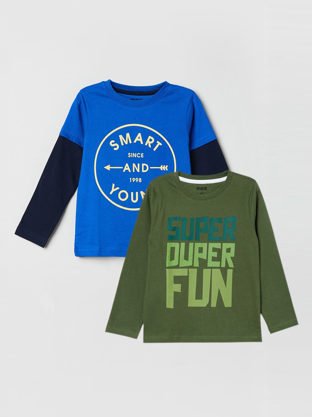 

max Boys Pack of 2 Printed Cotton T-shirts, Olive