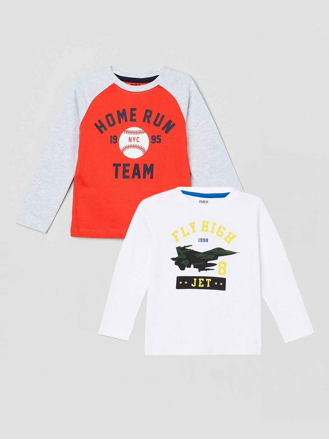 

max Boys Pack Of 2 Rust & Grey Printed Pure Cotton Regular-Fit T-Shirts