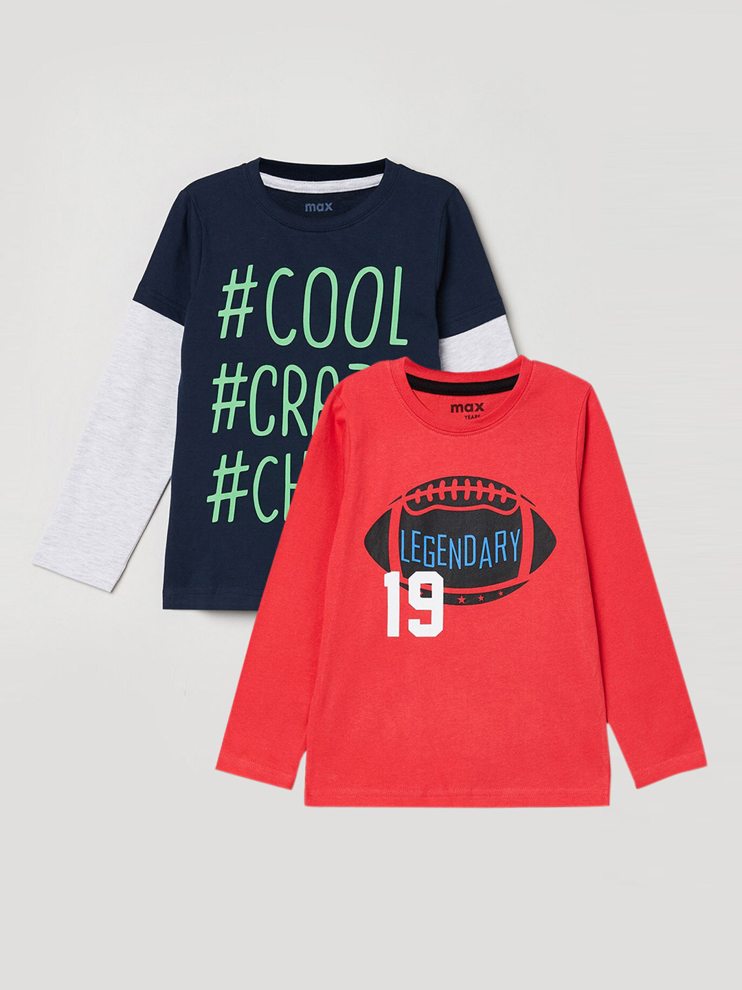 

max Boys Pack of 2 Printed Long Sleeves Pure Cotton T-Shirts, Navy blue