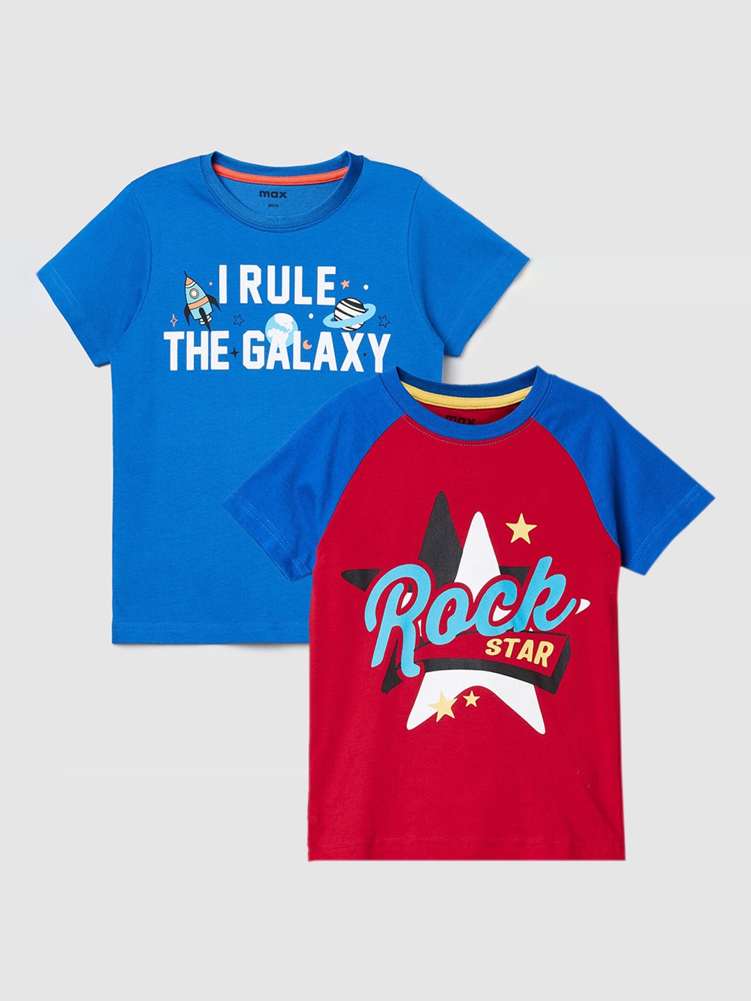 

max Boys Pack Of 2 Red & Blue Printed Pure Cotton Regular-Fit T-Shirts