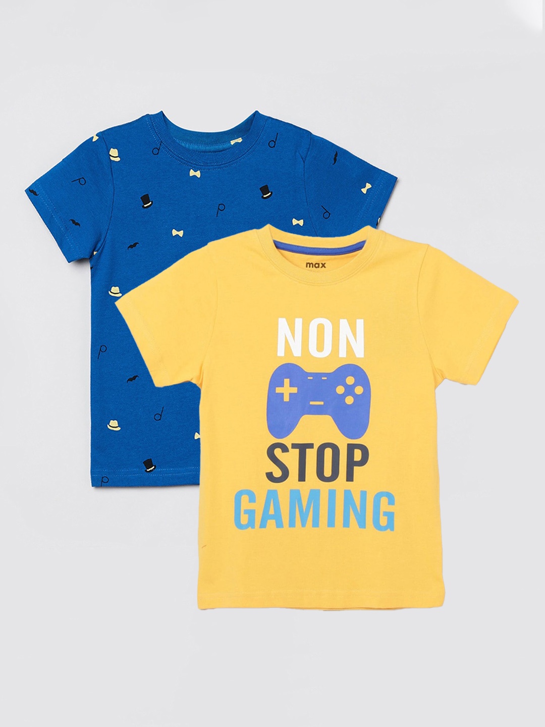 

max Boys Pack Of 2 Yellow & Blue Printed Pure Cotton Regular-Fit T-Shirts