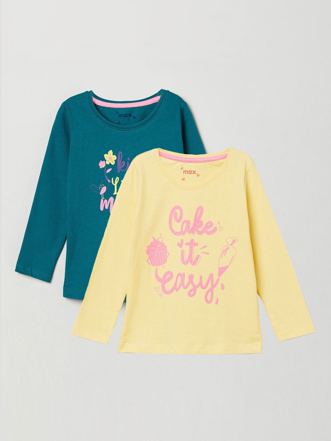 

max Girls Pack of 2 Printed Cotton T-shirts, Blue
