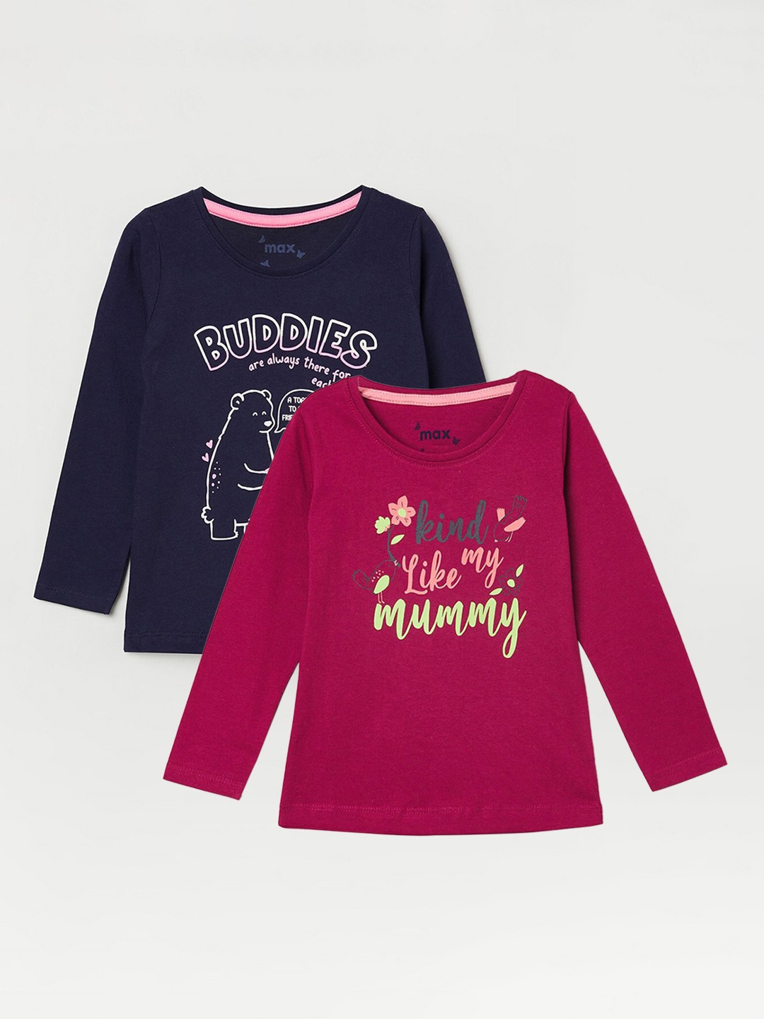 

max Girls Pack Of 2 Printed Pure Cotton Regular-Fit T-Shirts, Navy blue