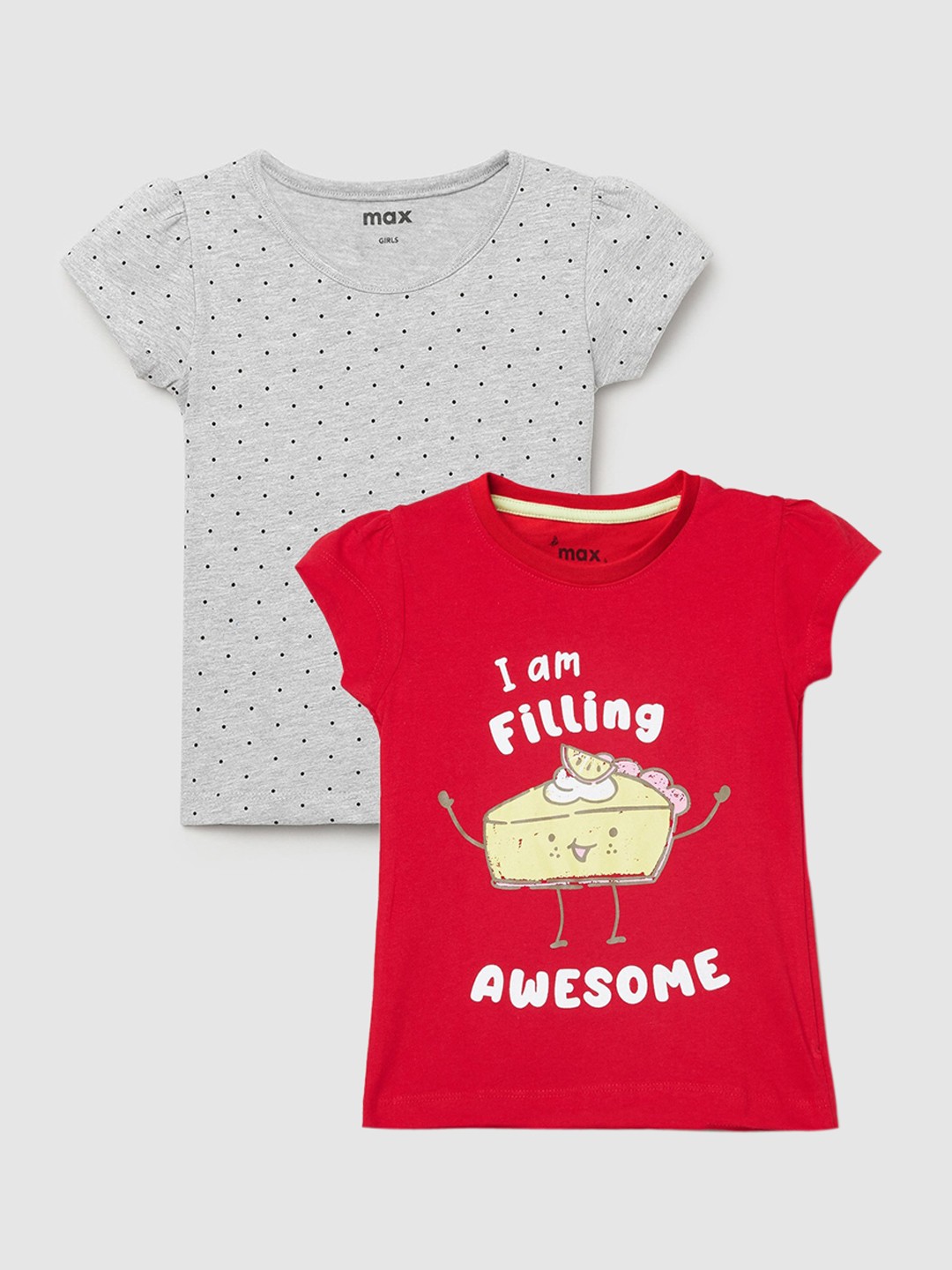 

max Girls Pack Of 2 Grey & Red Printed Pure Cotton Regular-Fit T-Shirts