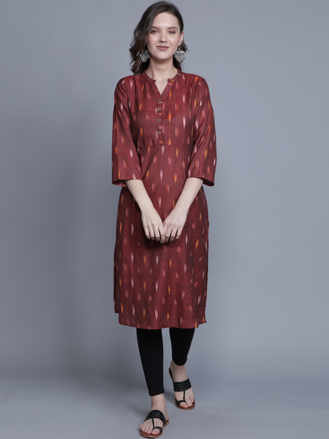 

Cot'N Soft Women Maroon Ikat Woven Design Straight Kurta