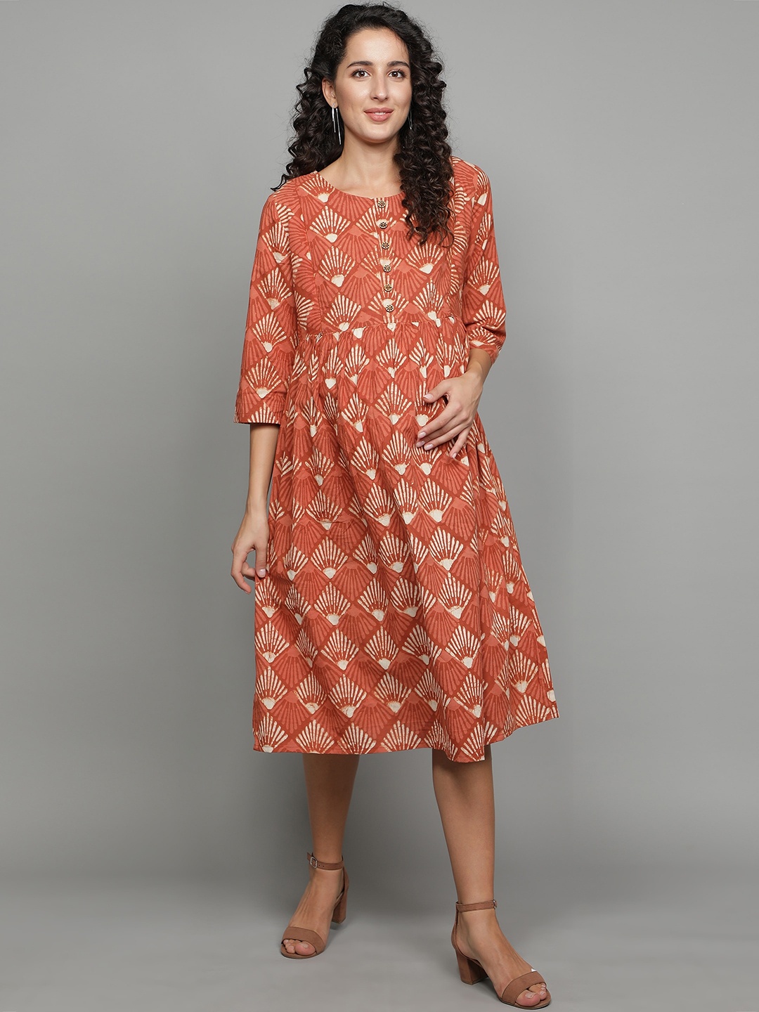 

Cot'N Soft Women Brown & Cream-Coloured Pure Cotton Geometric Print Maternity Dress