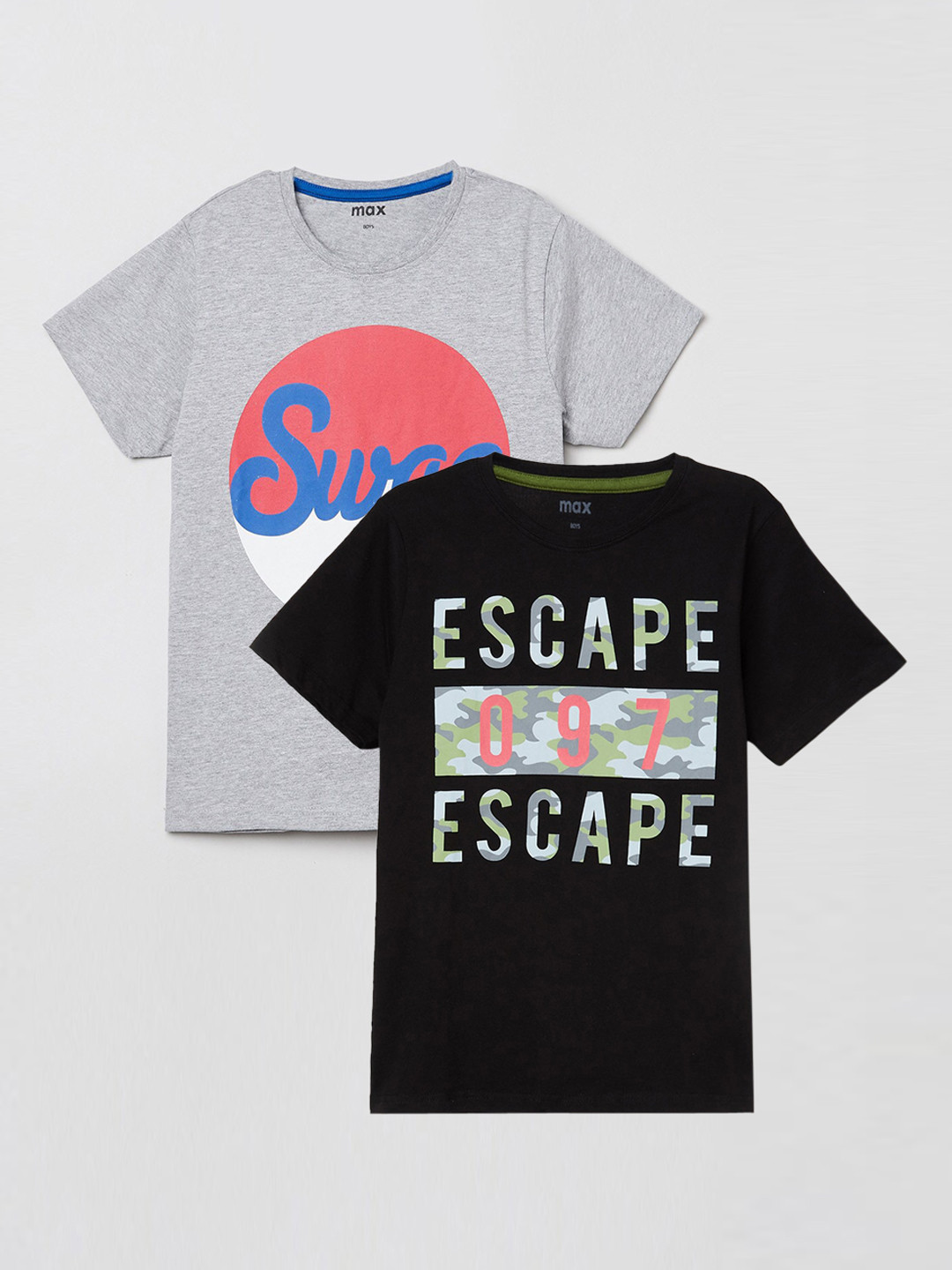 

max Boys Pack of 2 Printed Cotton T-shirts, Grey