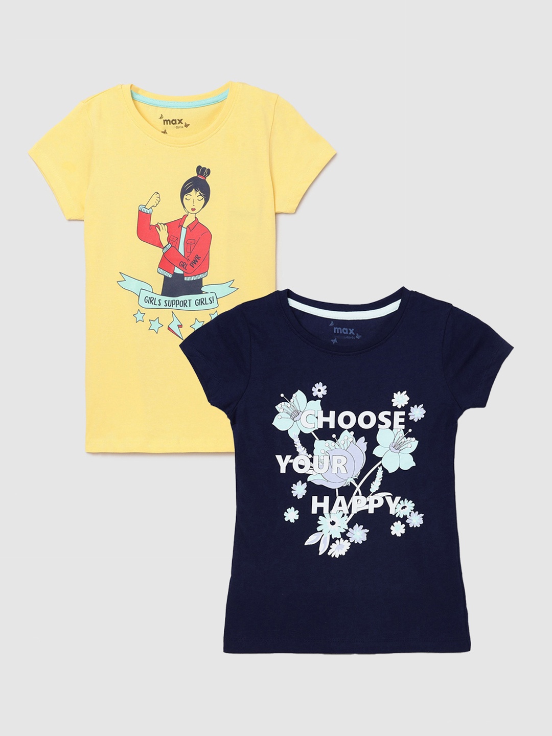 

max Girls Pack Of 2 Yellow & Navy Blue Printed Pure Cotton Regular-Fit T-Shirts