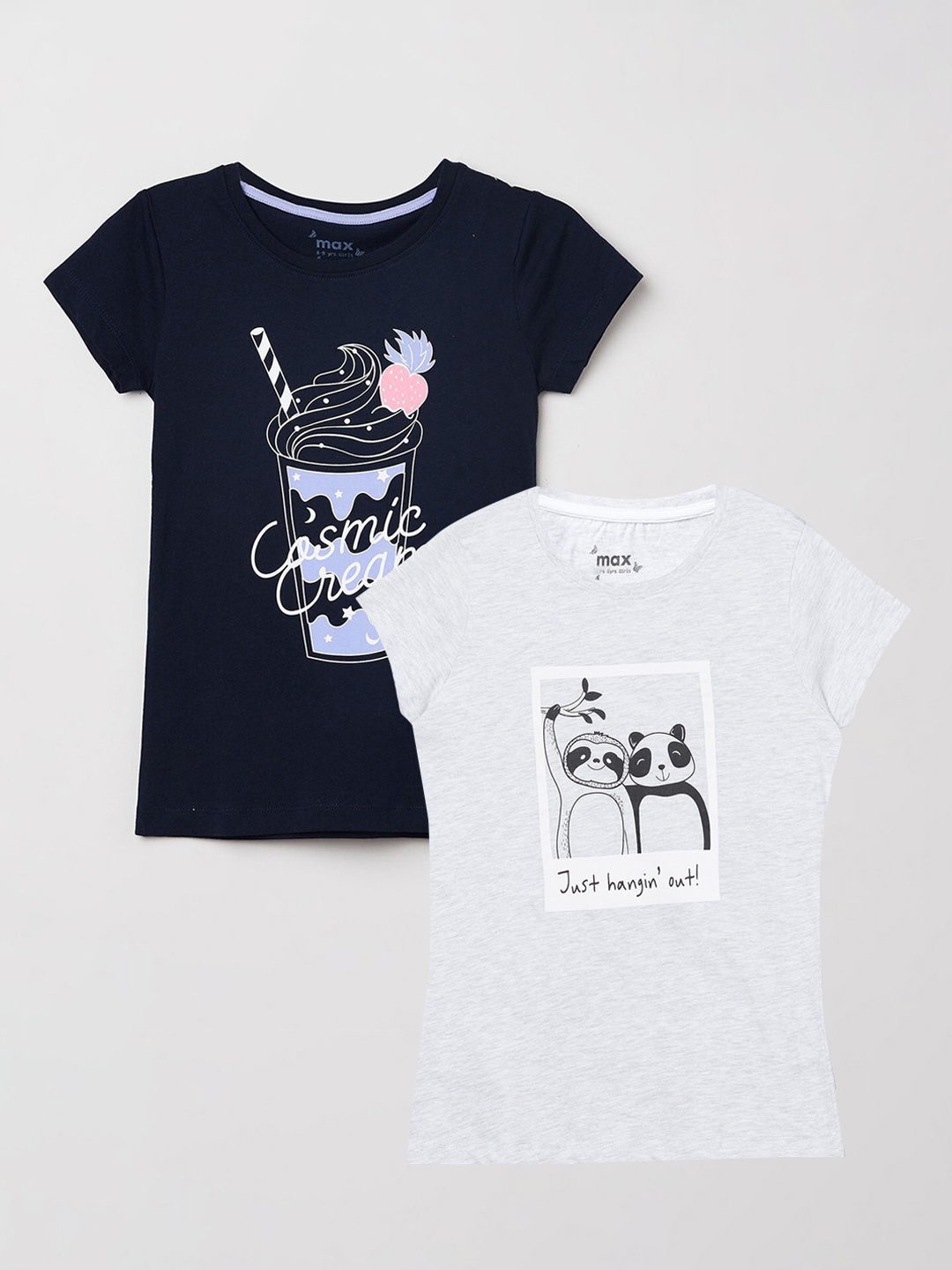

max Girls Pack of 2 Printed Cotton T-shirts, Navy blue