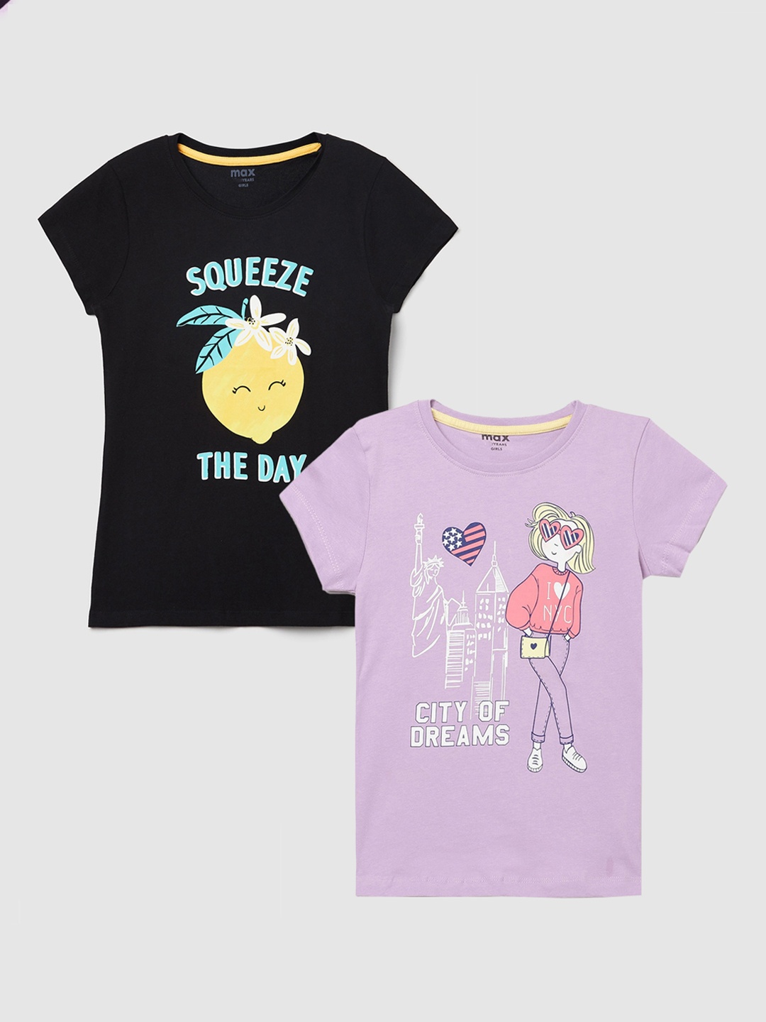 

max Girls Pack of 2 Printed Cotton T-Shirts, Black