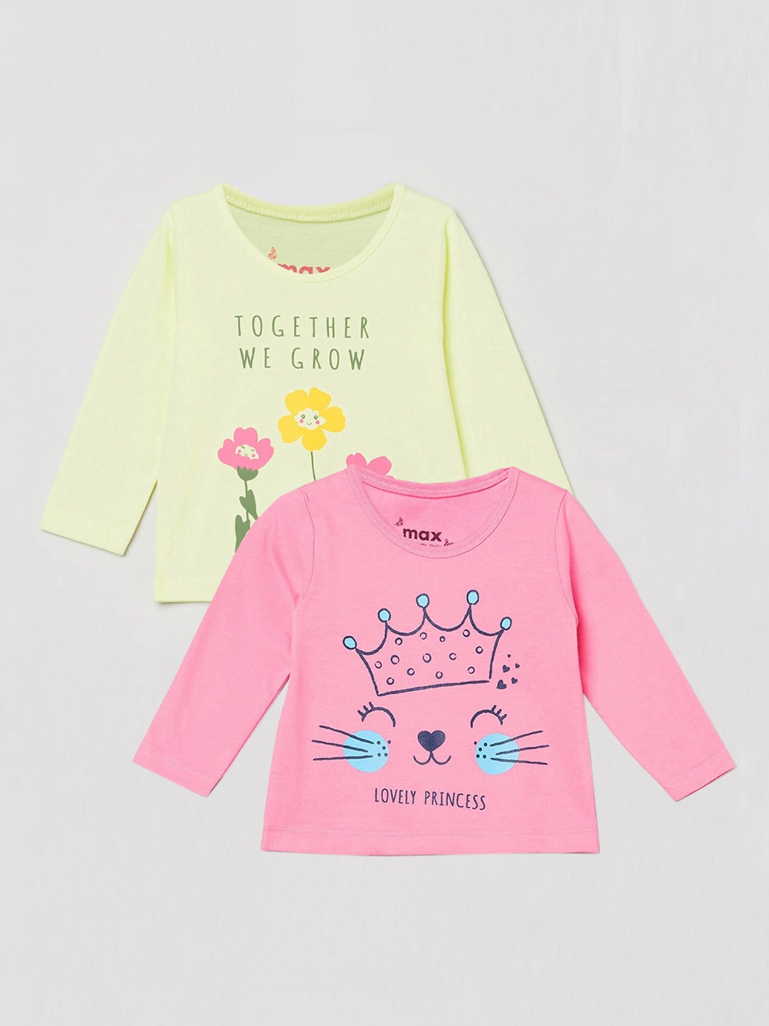 

max Girls Pack of 2 Pink & Yellow Printed Cotton T-Shirts