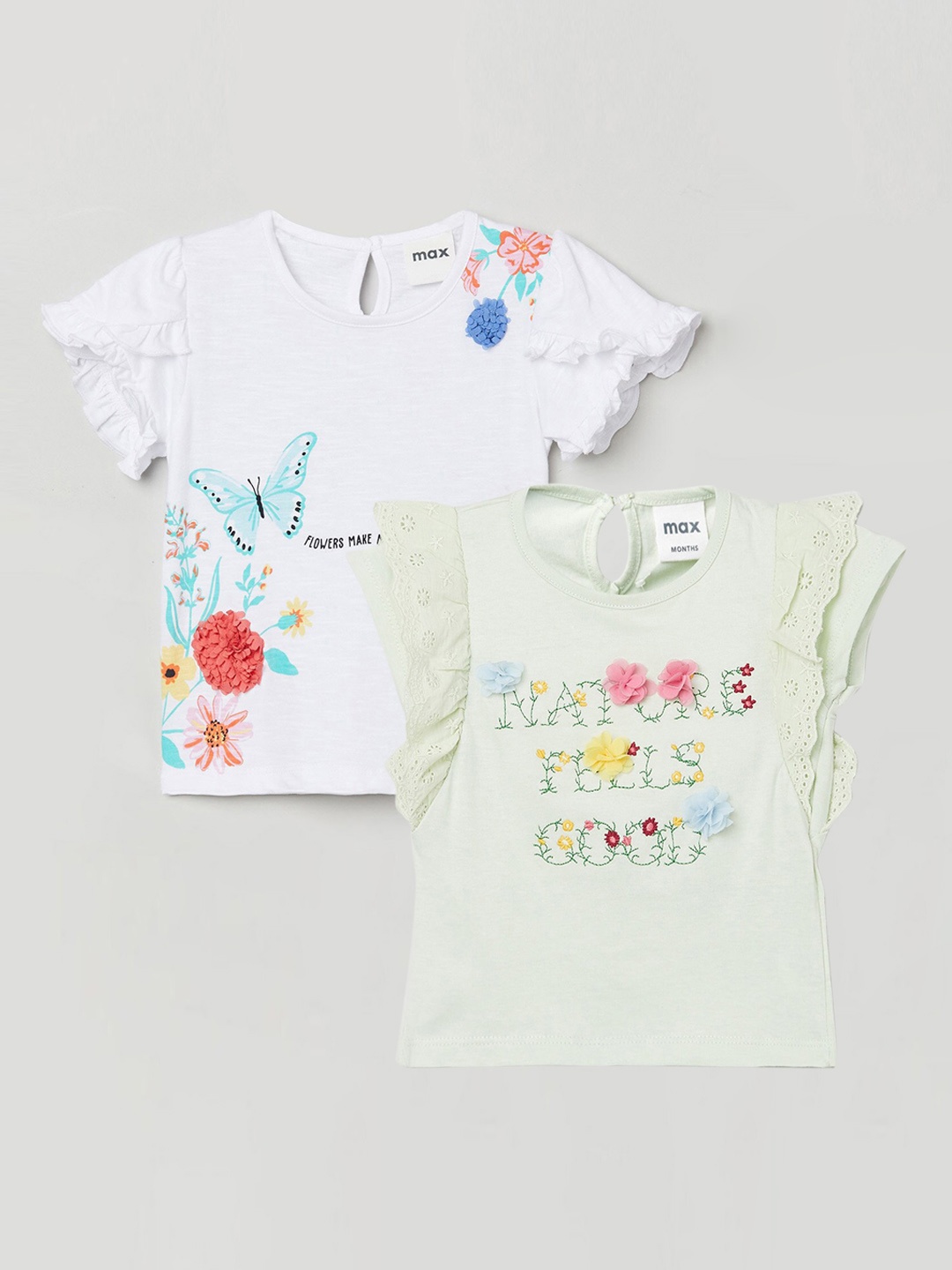 

max Girls Pack Of 2 Printed Round Neck Pure Cotton Top, White