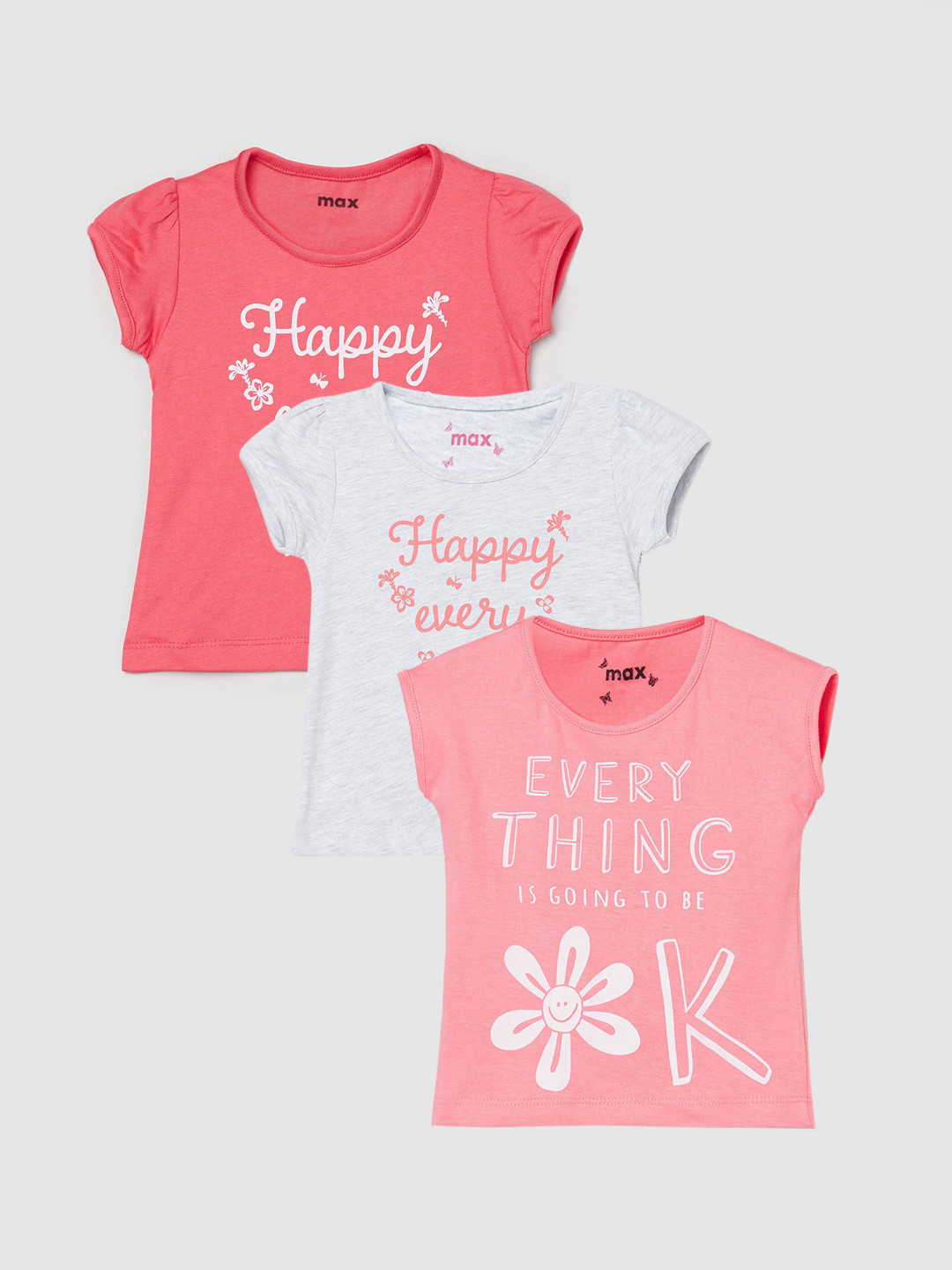 

max Girls Pack of 3 Printed Cotton T-shirts, Coral