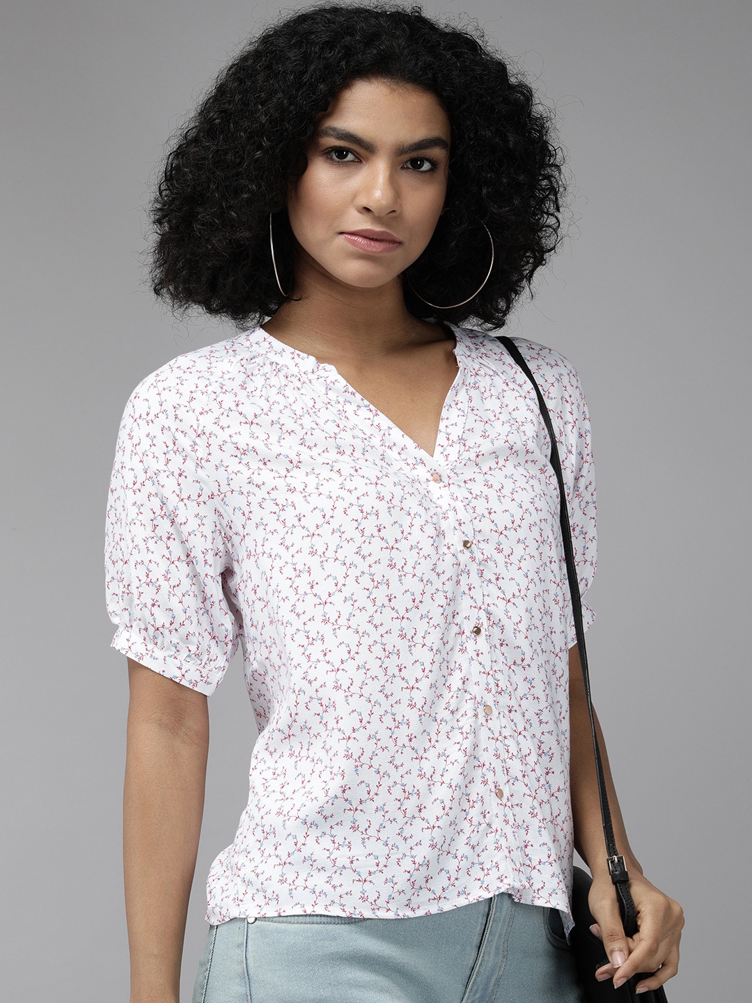 

Van Heusen Women White & Pink Floral Printed Extended Sleeves Shirt Style Top