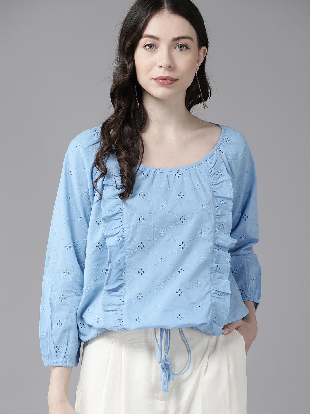 

Van Heusen Schiffli Embroidered Puff Sleeve Ruffles Cotton Blouson Top, Blue